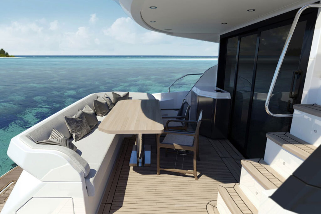 Outdoor Dining Area on Azimut 53 Fly Yacht Designed by Marco Parentela, with Sofa Seating and Sea View