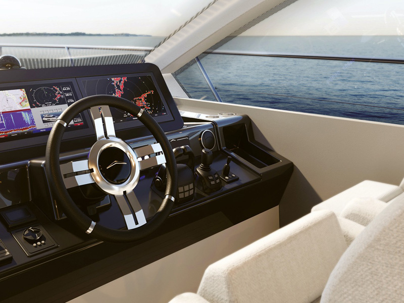 Helm Station of Yacht Azimut 53 Fly with Twin Displays Designed by Italian Yacht Designer Marco Parentela