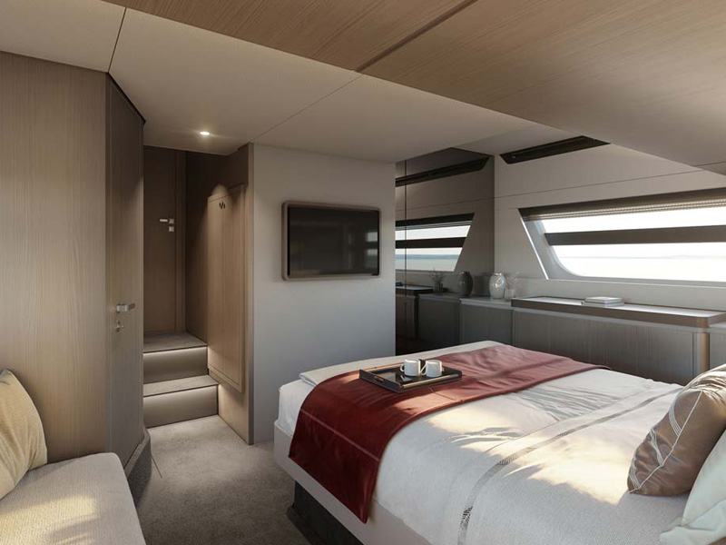 Full-beam Owner’s Suite on Yacht Azimut 53 Fly with Large Bed and Panoramic Windows Designed by Italian Yacht Designer Marco Parentela