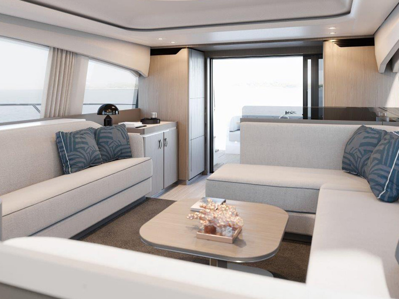 Bright Salon Lounge on Yacht Azimut 53 Fly with Opposing Sofas and Sea-view Windows Designed by Italian Yacht Designer Marco Parentela