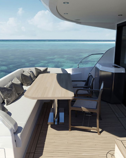 Azimut 53 Fly Yacht Deck Dining Area and Sea View Designed by Marco Parentela
