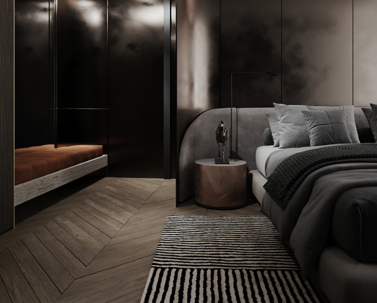 Bedroom of the Blade Apartment in Lugano Designed by Marco Parentela