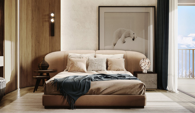 Bedroom with Upholstered Bed, Polar Bear Artwork in Chesa Fortuna Penthouse 7, Designed by Interior Designer Marco Parentela