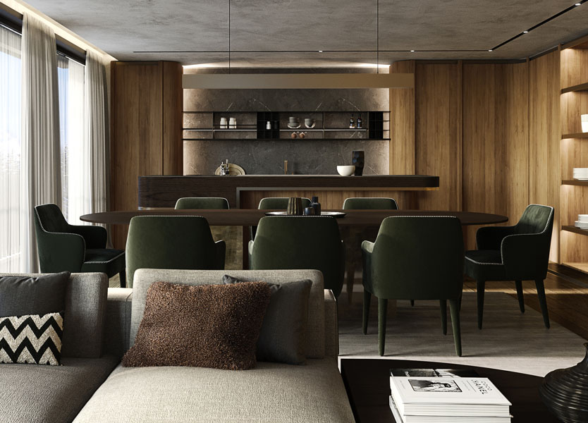 Dining Area with Bar Counter in Chesa Fortuna Penthouse 7, Designed by Interior Designer Marco Parentela in St. Moritz