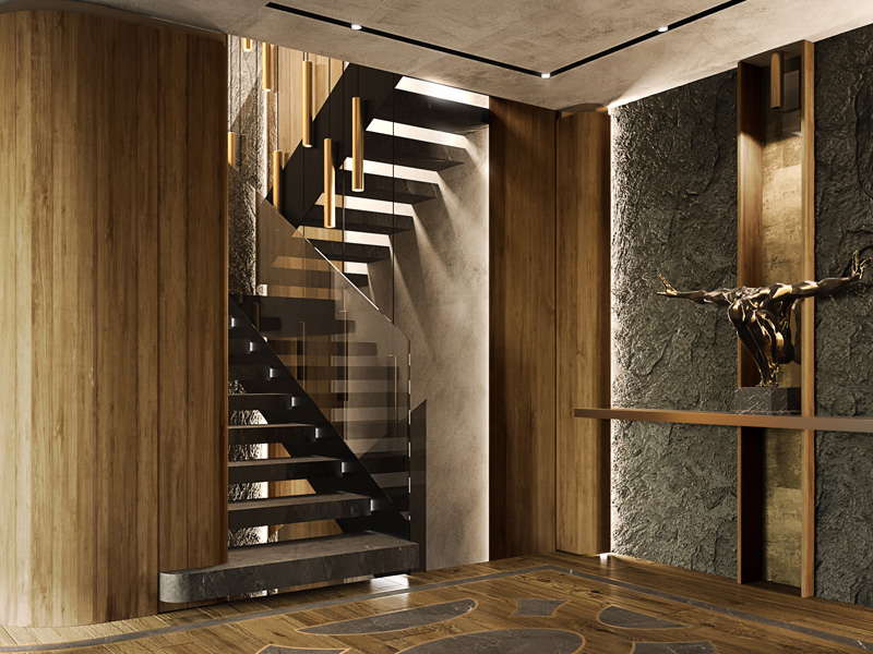 Entrance Hall with Staircase in Chesa Fortuna Penthouse 7 by Marco Parentela