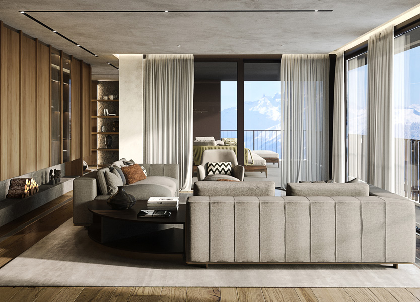 Contemporary Living Room in Chesa Fortuna Penthouse 7 with Custom Sofas Interior Design by Marco Parentela