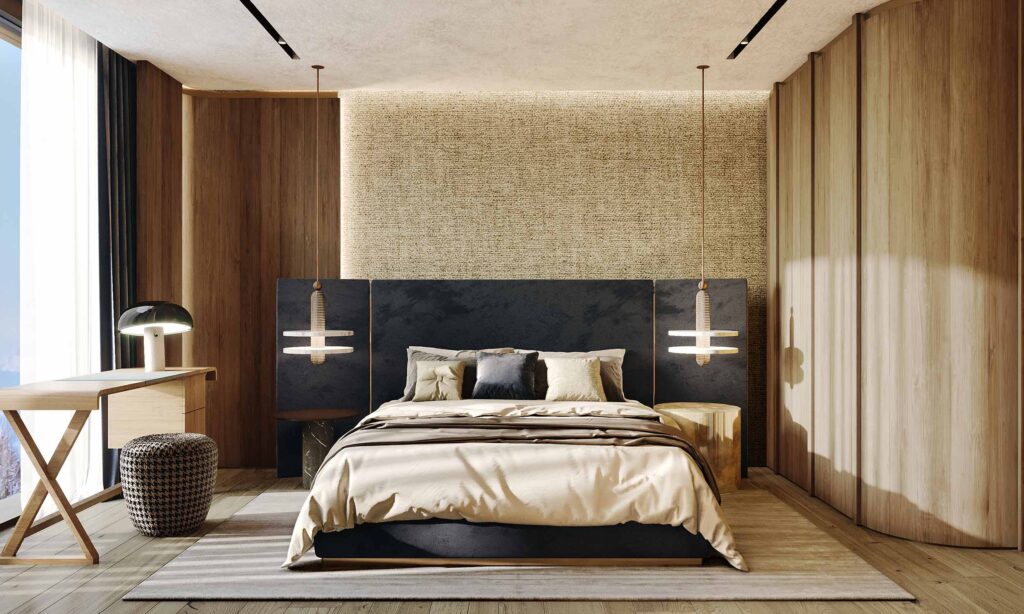Contemporary Bedroom with Writing Desk in Chesa Fortuna Penthouse 7, Interior Design by Marco Parentela