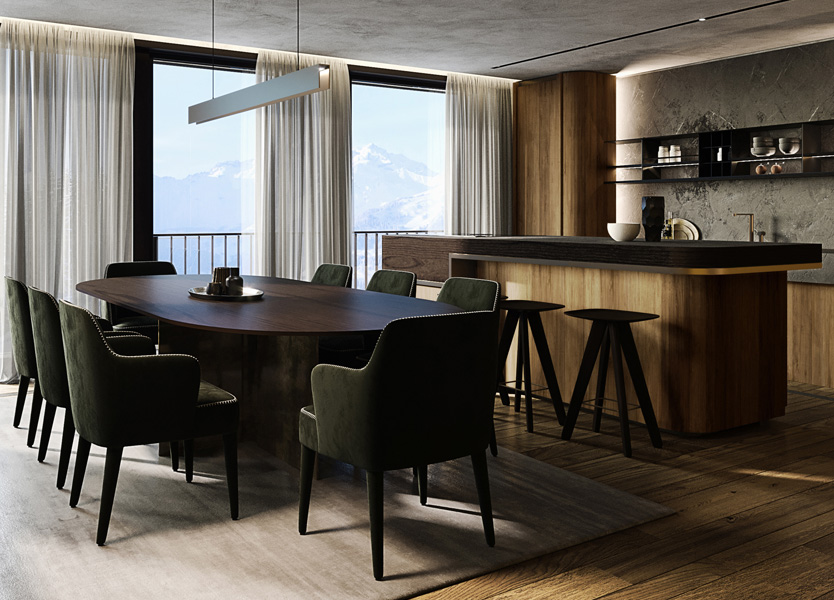 Dining Area with Green Velvet Chairs and Bar Counter in Chesa Fortuna Penthouse 7, Interior Design by Marco Parentela