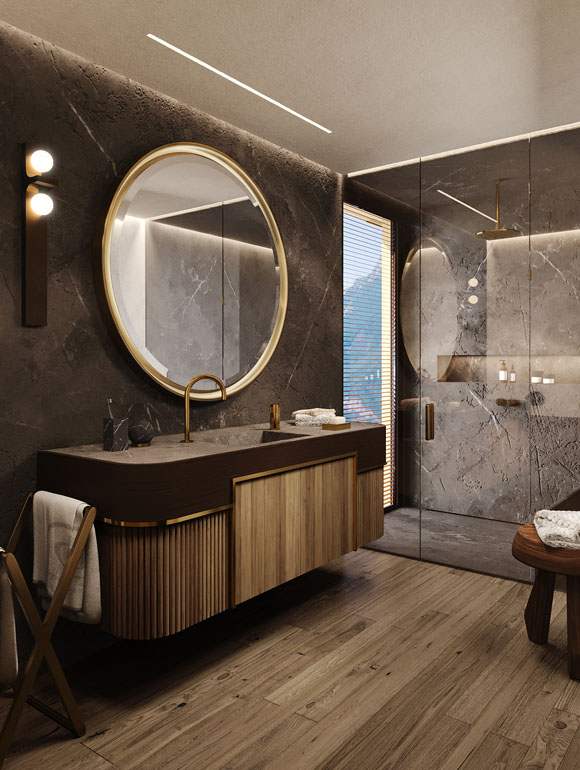 Master Bathroom with in Chesa Fortuna Penthouse 7 by Interior Designer Marco Parentela