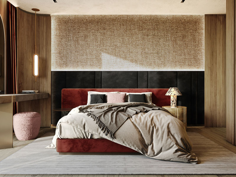 Warm-toned Bedroom with Red Velvet Bed in Chesa Fortuna Penthouse 7 by Marco Parentela
