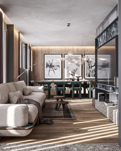 Living and Dining Space in Chesa Fortuna, St Moritz, Designed by Marco Parentela