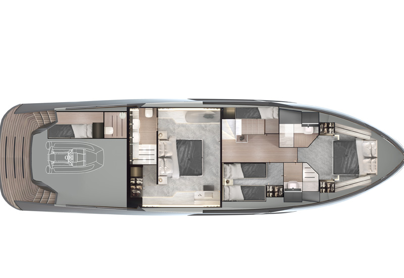 Explorer 62 Luxury Yacht Lower Deck Layout with Suite and Guest Cabins Designed by Italian Yacht Designer Marco Parentela
