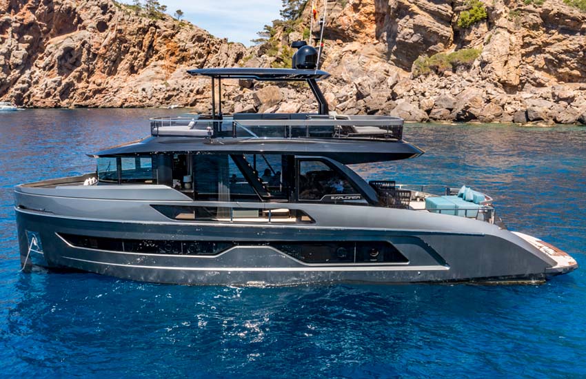 Exterior Side View of Explorer 62 Luxury Explorer Yacht with Contemporary Lines on the Sea Designed by Yacht Designer Marco Parentela