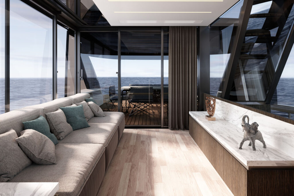 Explorer 62 Luxury Yacht Interior Main Saloon with Panoramic Glazing and Large Sofa Designed by Yacht Designer Marco Parentela