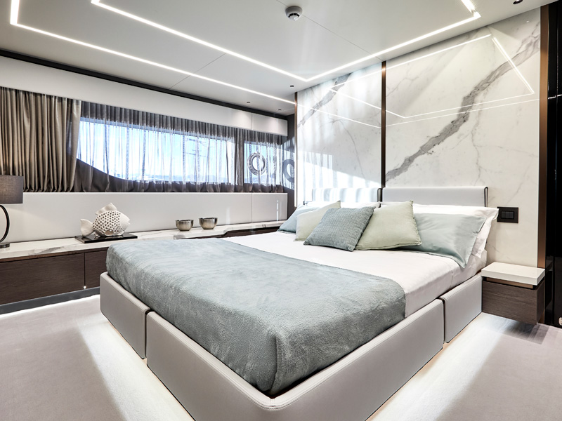Explorer 62 Owner Cabin with King-size Bed, Marble Headboard Designed by Yacht Italian Designer Marco Parentela