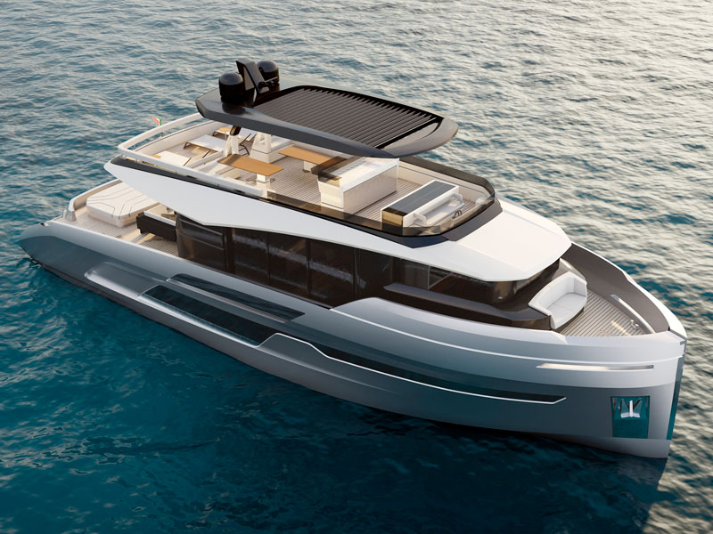 Exterior View of Explorer 64 Luxury Motor Yacht with Multi-level Decks on Open Sea Designed by Italian Yacht Designer Marco Parentela