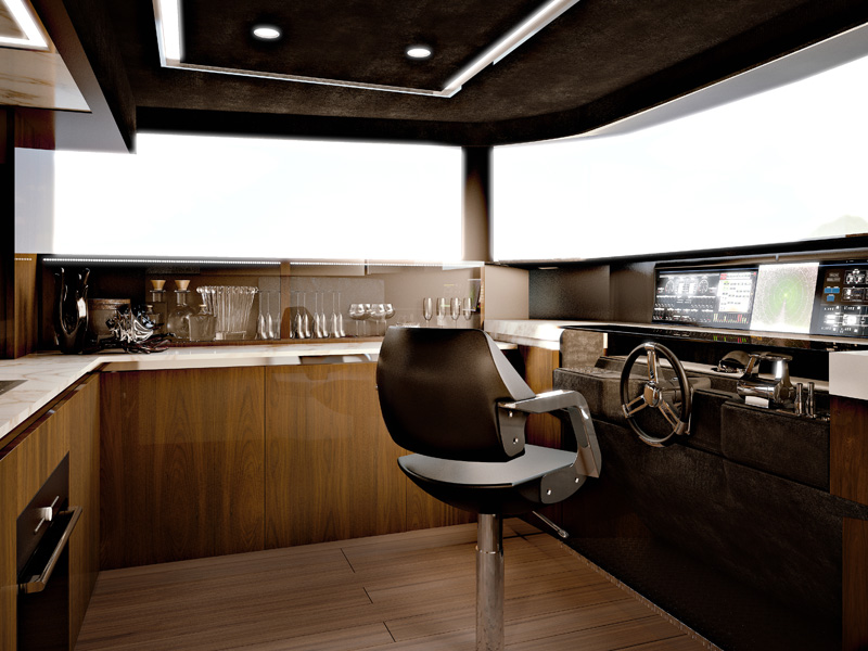 Helm Station and Bar Area on Explorer 64 Luxury Yacht with Panoramic Front Windows Designed by Designer Marco Parentela