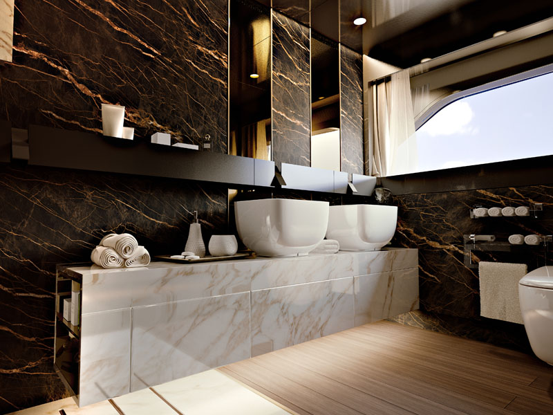 Master Bathroom on Explorer 64 Luxury Yacht with White Marble Vanity Designed by Marco Parentela