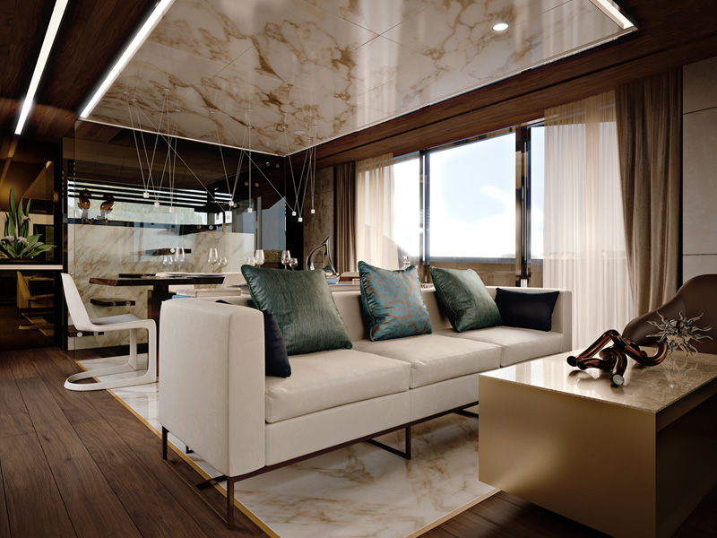 Open-plan Salon on Explorer 64 Luxury Yacht with Sofa, Dining Area and Marble Ceiling Detail Designed by Designer Marco Parentela