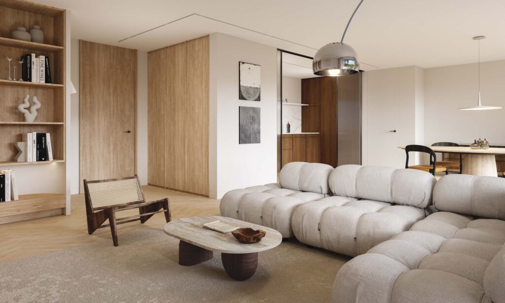 Minimal Living Room of Hawa Breganzona Apartment with Iconic Cloud-like Sofa by Interior Designer Marco Parentela