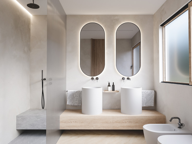 Minimal Master Bathroom of Hawa Apartment in Breganzona with Twin Basins by Italian Interior Designer Marco Parentela
