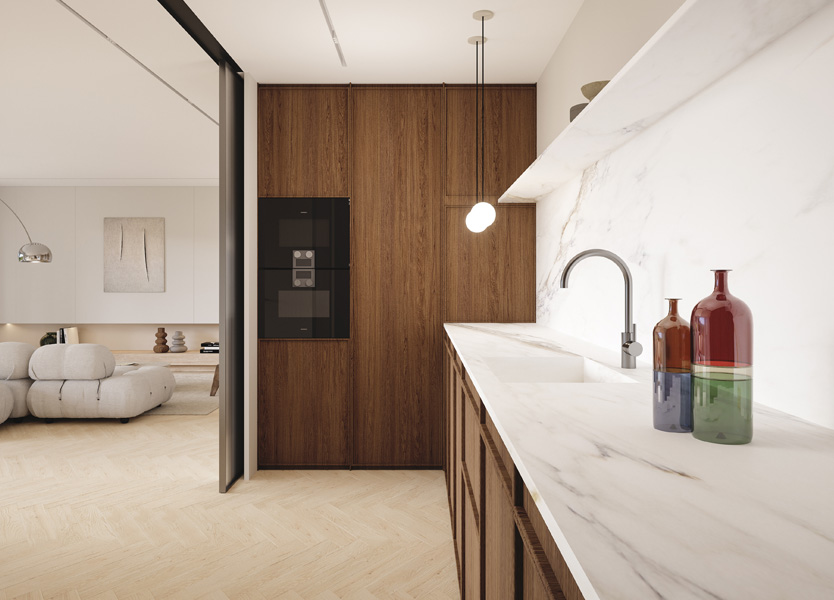 Minimal Kitchen in Hawa Breganzona with Marble Worktop by Italian Interior Designer Marco Parentela