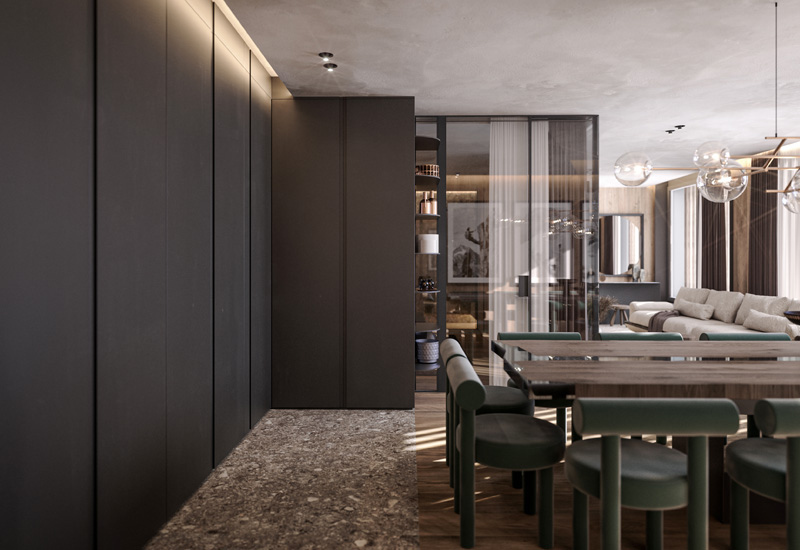 Closed Kitchen Storage Wall and Dining Space Designed by Marco Parentela at Chesa Fortuna