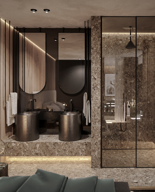 Master Suite with Stone Bathroom and Double Basins Designed by Marco Parentela in Chesa Fortuna Apartment 8