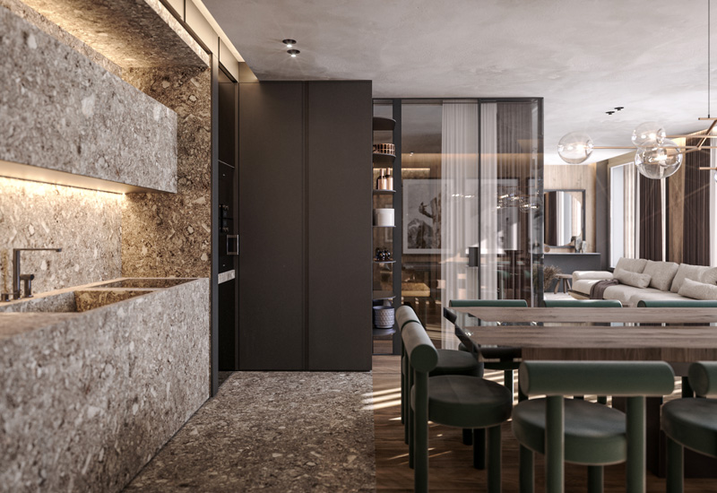 Stone Kitchen Wall and Dining Table in Chesa Fortuna Apartment 8 by Marco Parentela