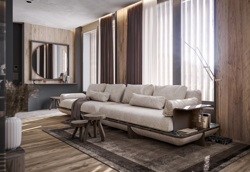 Custom Sofa by Italian Interior Designer Marco Parentela in the Living Room of Chesa Fortuna Apartment 8