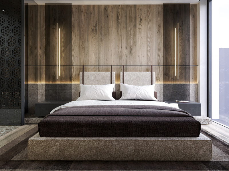 Master Bedroom of Chesa Fortuna Apartment 1 with Alpine View Designed by Marco Parentela