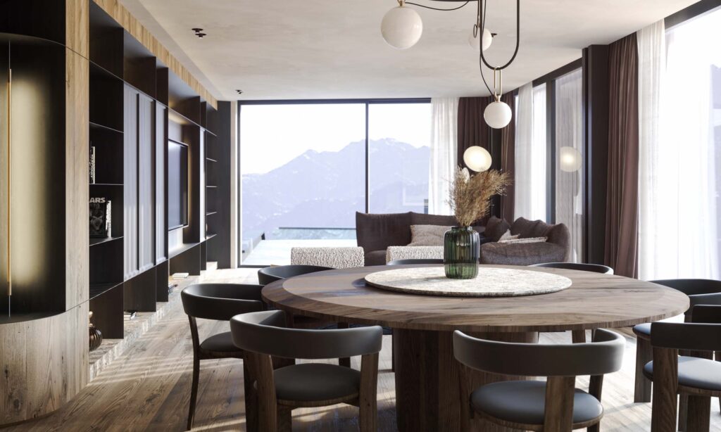 Luxury Dining and Living Area of Chesa Fortuna Apartment 1 in St. Moritz Interior Design by Marco Parentela