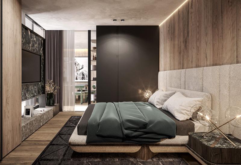Master Bedroom with Custom Bed by Italian Interior Designer Marco Parentela in Chesa Fortuna, St. Moritz