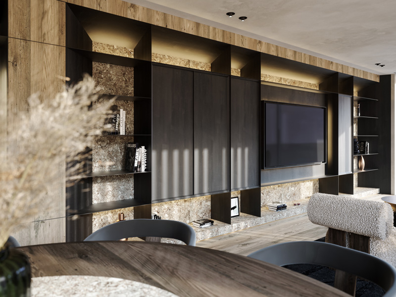 Custom Wall Unit in Wood in the Living Room of Chesa Fortuna Apartment 1 in St. Moritz Designed by Marco Parentela Interior Designer