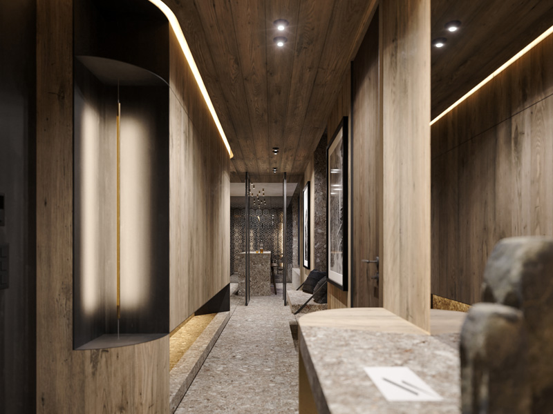 Entrance Corridor of Chesa Fortuna Apartment 1 in St. Moritz Designed by Interior Designer Marco Parentela