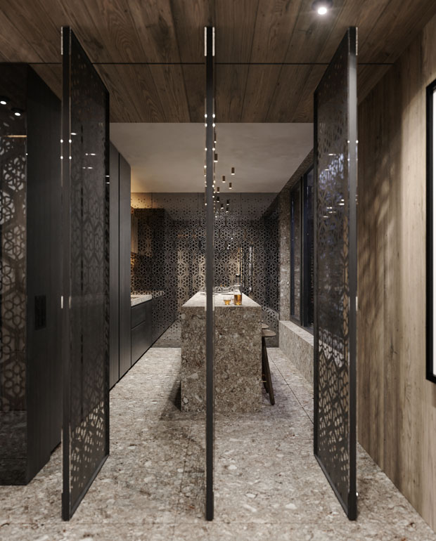 Stone Kitchen Island and Bar of Chesa Fortuna Apartment 1 in St. Moritz Designed by Interior Designer Marco Parentela