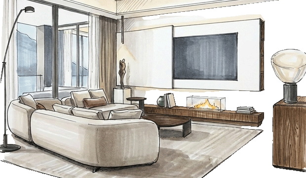 Hand-drawn Sketch of a Luxury Living Room Interior by Italian Interior Designer Marco Parentela