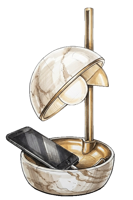 Hand-drawn Sketch of a Marble Table Lamp with Smartphone Tray by Italian Designer Marco Parentela