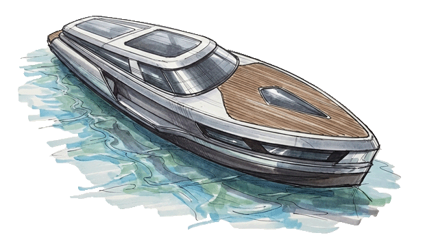 Perspective Sketch of a Luxury Motor Yacht on the Water by the Italian Yacht Interior Designer Marco Parentela