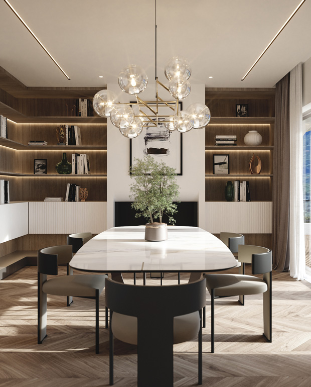 Dining Room with Marble Table in a Private Villa in Muzzano, Italy Designed by Interior and Yacht Designer Marco Parentela