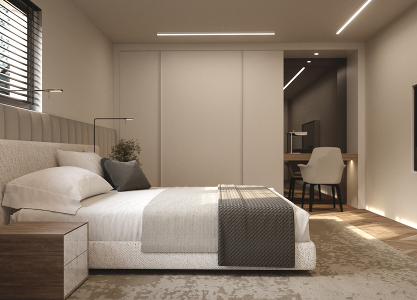 Guest Bedroom with Integrated Home Office in a Private Villa in Muzzano, Italy Designed by Interior and Yacht Designer Marco Parentela