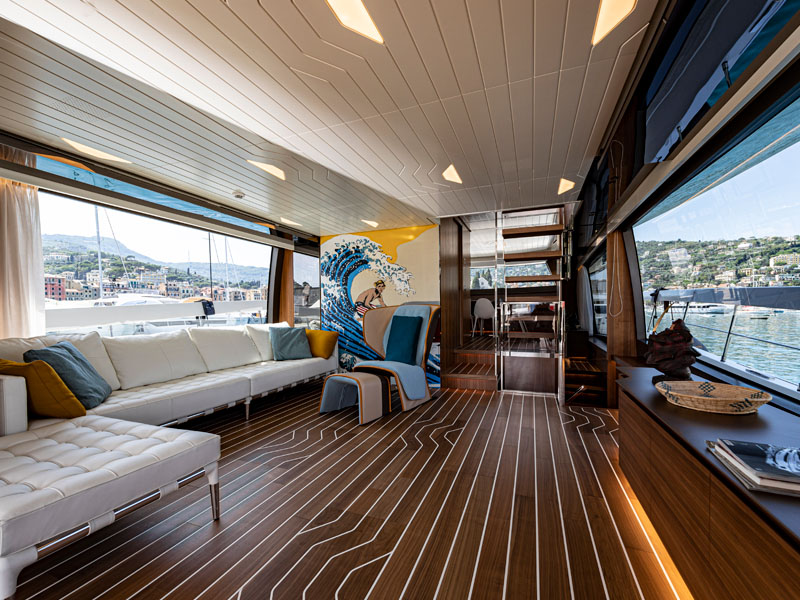 Sanlorenzo SX76 Main Saloon with TvBoy-inspired Wave Artwork by Marco Parentela Italian Yacht Designer