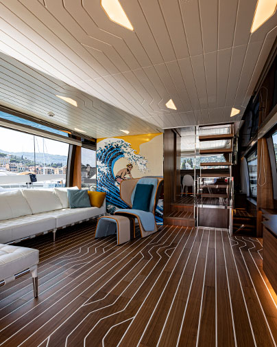 Sanlorenzo SX76 Yacht Main Salon with Contemporary Artwork Designed by Marco Parentela