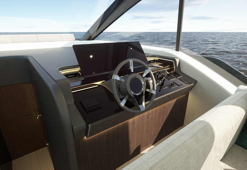Ergonomic Helm Station of Sessa Marine F60 with Integrated Navigation Displays, Designed by Marco Parentela