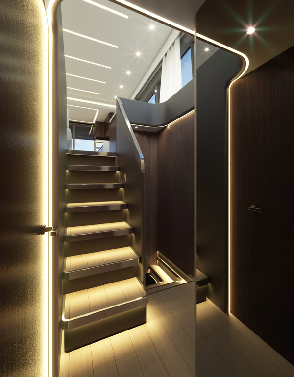 Interior Staircase of Sessa Marine F60 with Integrated LED Lighting, Luxury Yacht Interior by Marco Parentela
