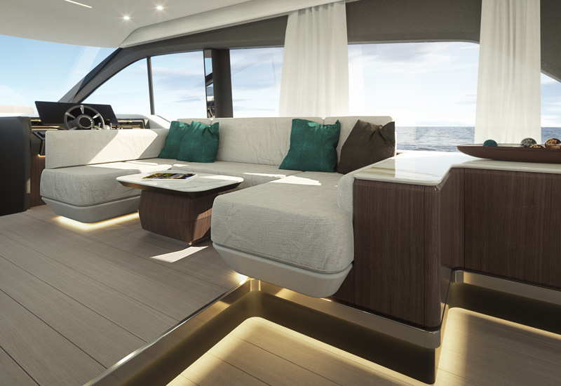 Lounge Area of Sessa Marine F60 Yacht with Suspended Sofas, Styled by Yacht Interior Designer Marco Parentela