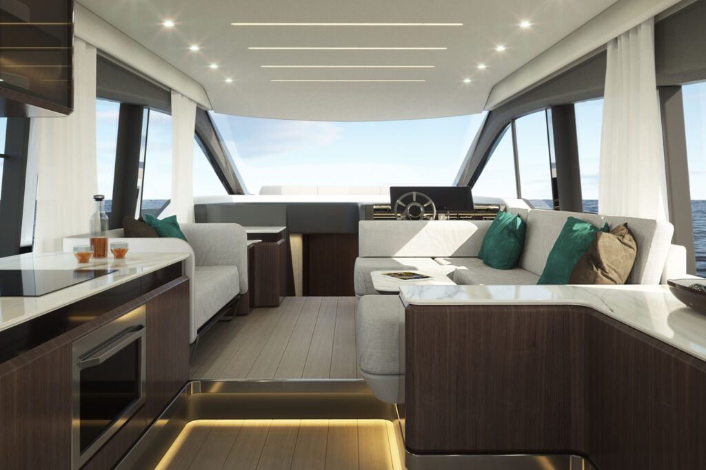 Main Salon and Helm of the Sessa Marine F60 Designed by Yacht Designer Marco Parentela, Contemporary Luxury Yacht Interior with Panoramic Sea View