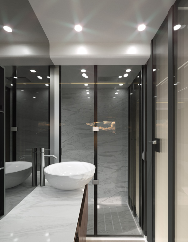 Master Bathroom on Sessa Marine F60 Yacht with Freestanding Basin and Glass Shower, Designed by Marco Parentela