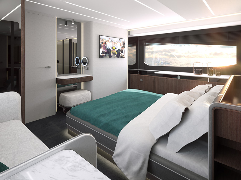 Master Cabin of Sessa Marine F60 Yacht with King-size Bed, Yacht Interior Designed by Marco Parentela