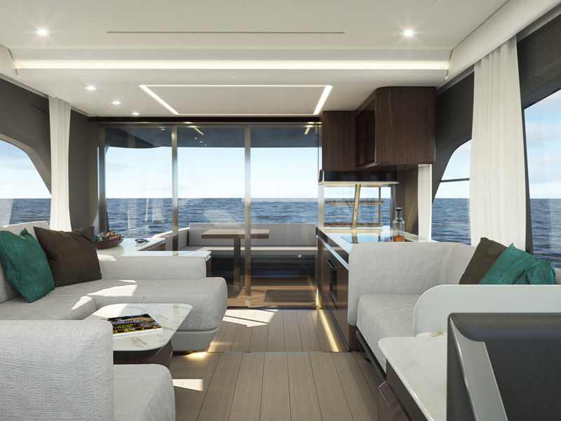 Sessa Marine F60 Yacht Main Salon Opening to the Aft Cockpit through Full-height Sliding Doors, Interior Design by Yacht Designer Marco Parentela